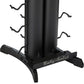 Black vertical dumbbell storage rack with curved hook arms and wide base, labeled Body-Solid, on white background