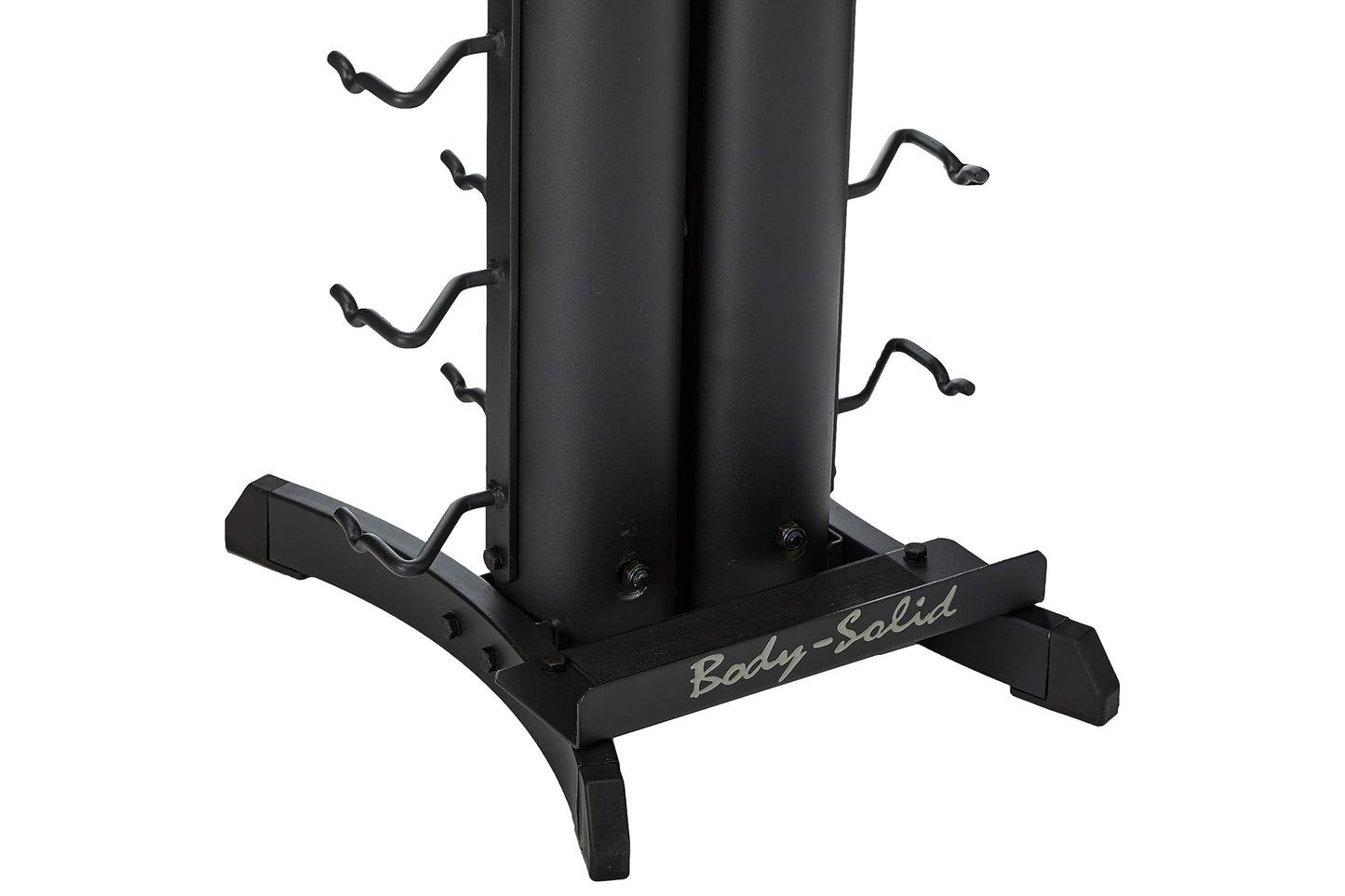 Black vertical dumbbell storage rack with curved hook arms and wide base, labeled Body-Solid, on white background