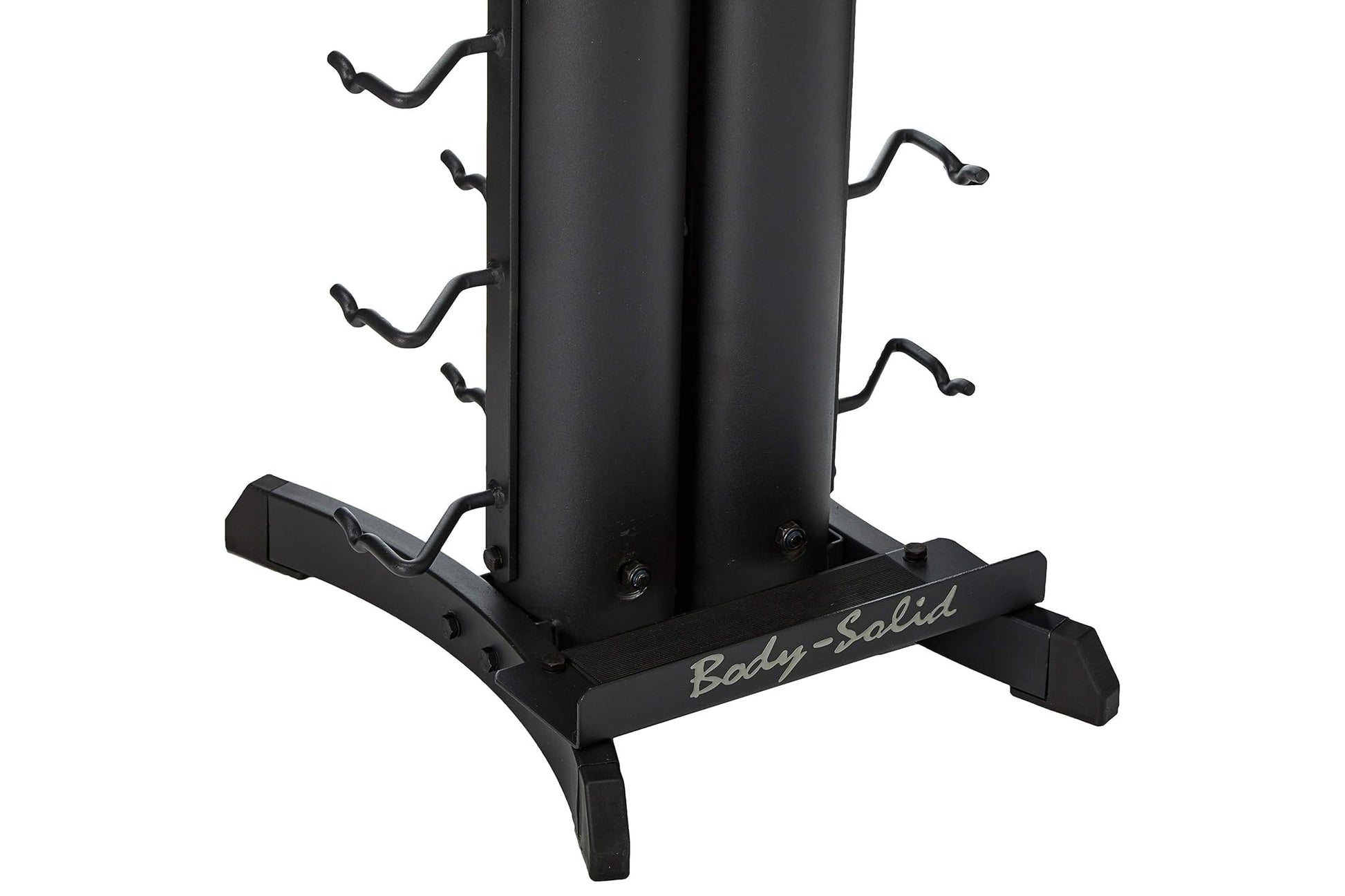 Black vertical dumbbell storage rack with curved hook arms and wide base, labeled Body-Solid, on white background