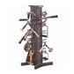 Black vertical exercise equipment storage rack with multiple attachment arms holding various gym accessories including dumbbe