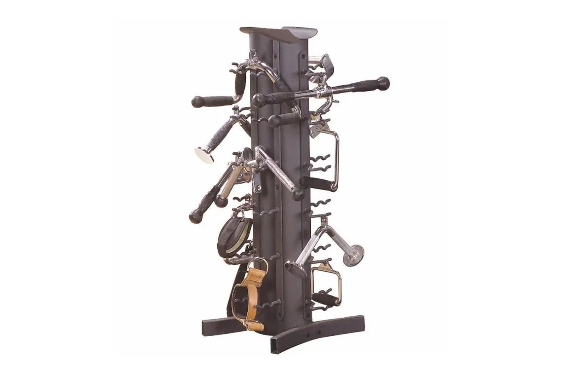 Black vertical exercise equipment storage rack with multiple attachment arms holding various gym accessories including dumbbe