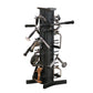 Body-Solid black vertical accessory storage rack with multiple horizontal arms holding exercise bikes and equipment on white 