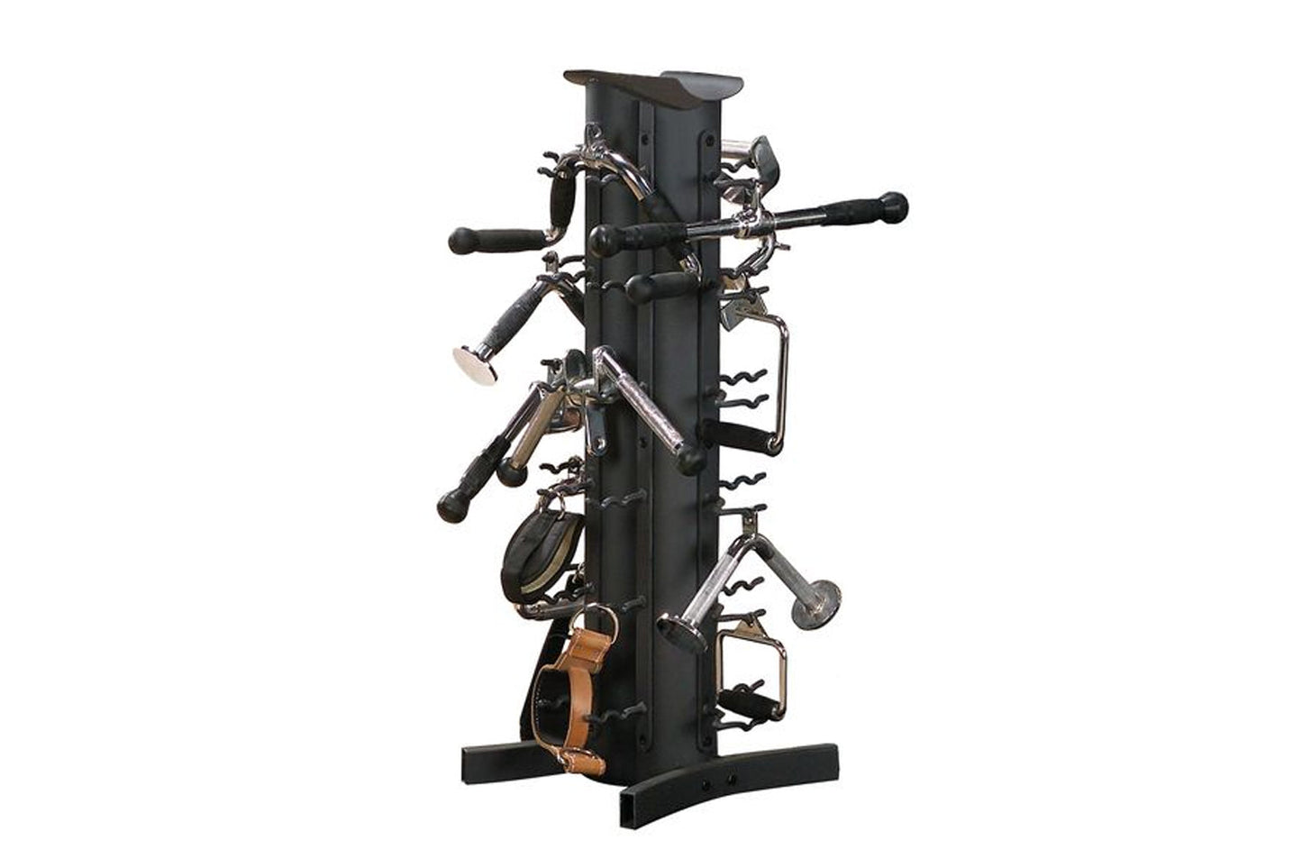 Body-Solid black vertical accessory storage rack with multiple horizontal arms holding exercise bikes and equipment on white 