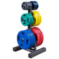 Body-Solid Olympic plate tree and bar holder with colorful weight plates in blue, red, yellow, teal, and gray on black vertic