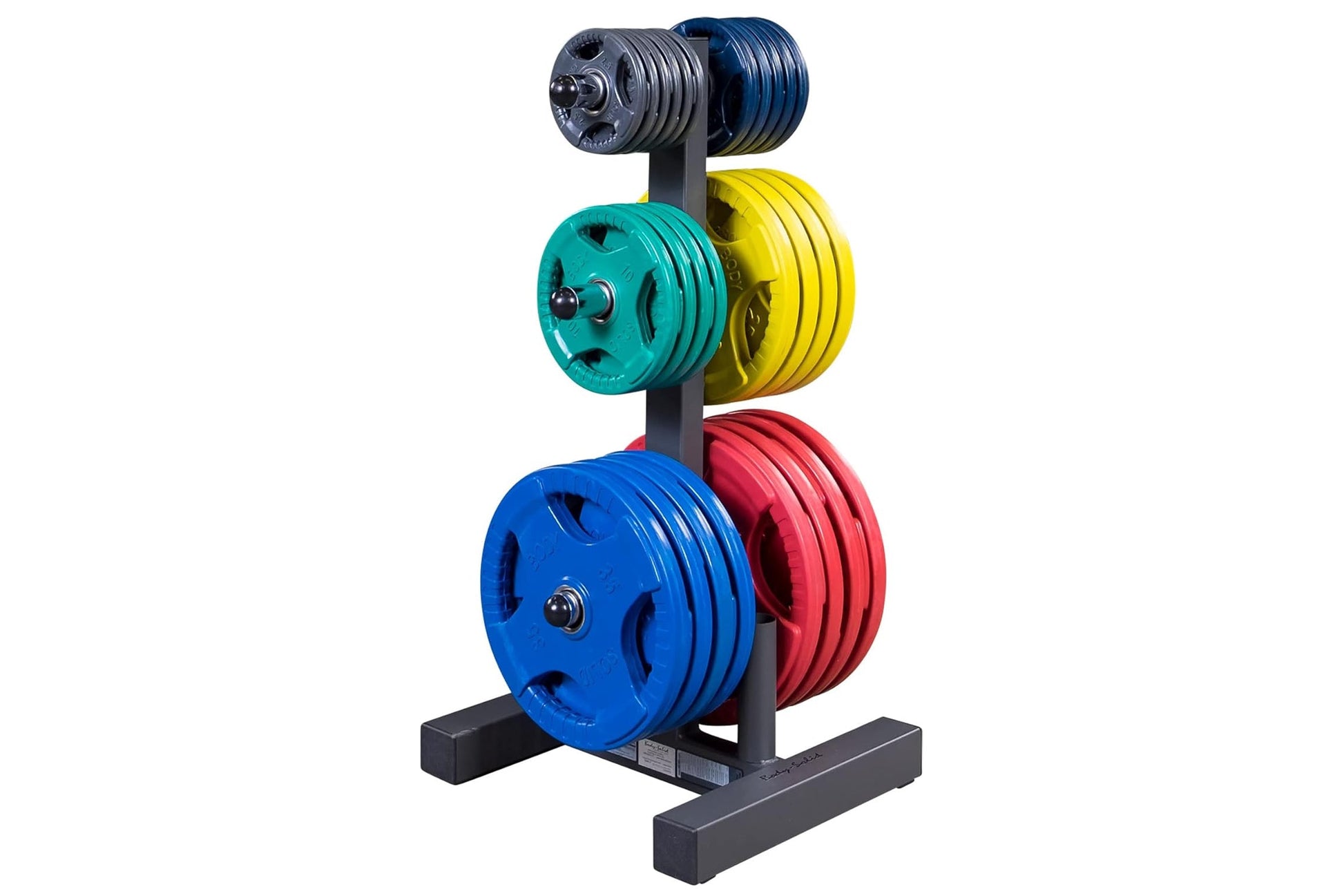 Body-Solid Olympic plate tree and bar holder with colorful weight plates in blue, red, yellow, teal, and gray on black vertic