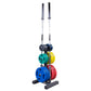 Olympic weight plate tree and bar holder with black metal base, two chrome bars with black grips, and colorful stacked plates