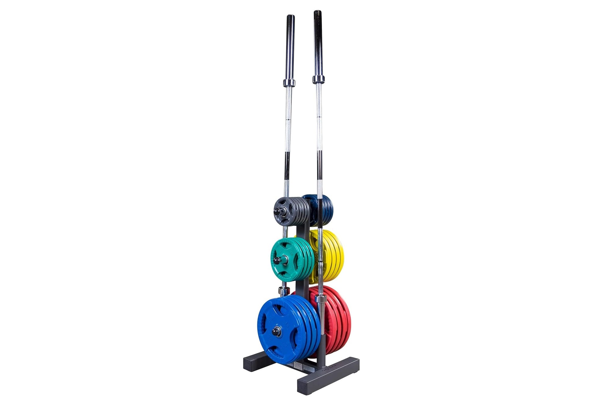 Olympic weight plate tree and bar holder with black metal base, two chrome bars with black grips, and colorful stacked plates