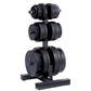Black Olympic weight plate and bar storage tree with three horizontal bars holding stacked weight plates on white background