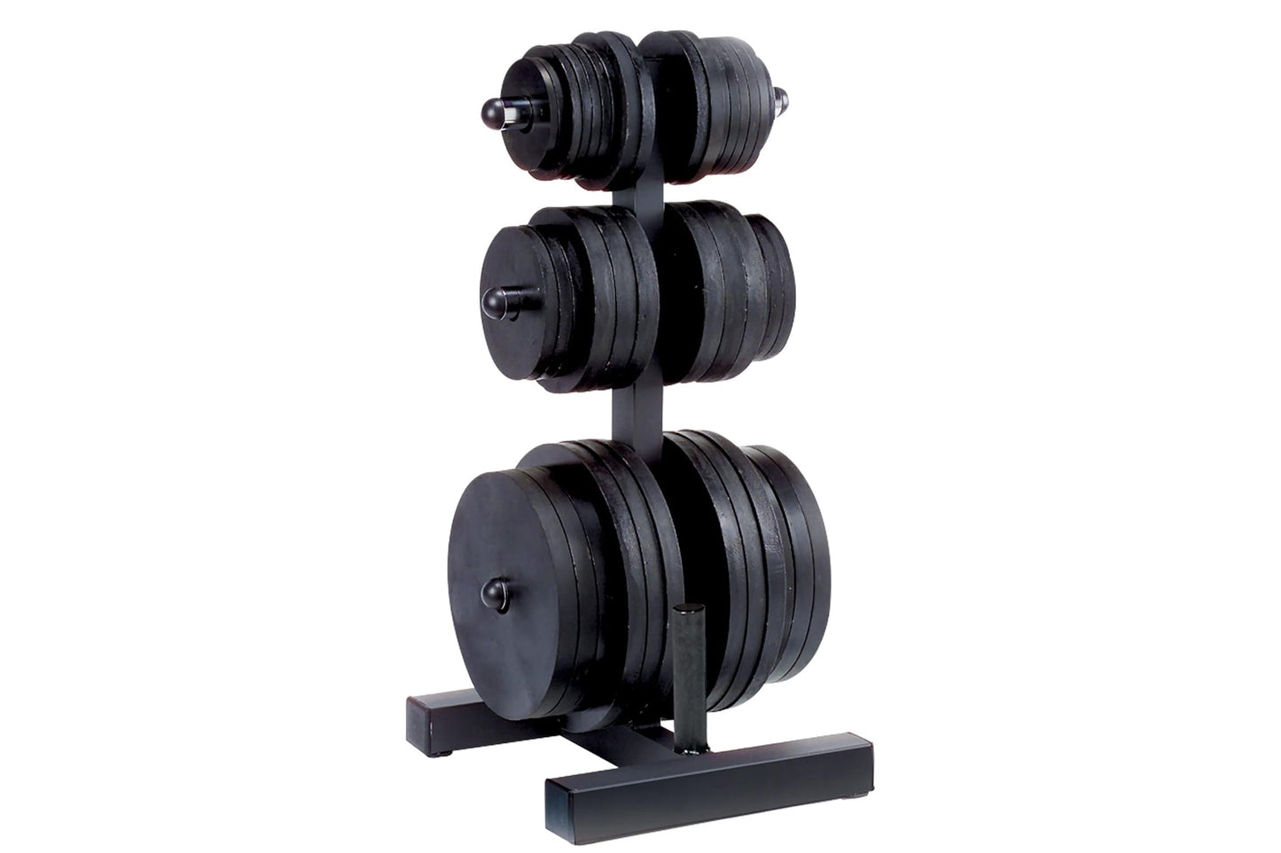 Black Olympic weight plate and bar storage tree with three horizontal bars holding stacked weight plates on white background