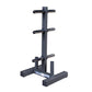 Black Olympic weight plate tree and bar holder with vertical post and three horizontal chrome sleeves, stable base on white b