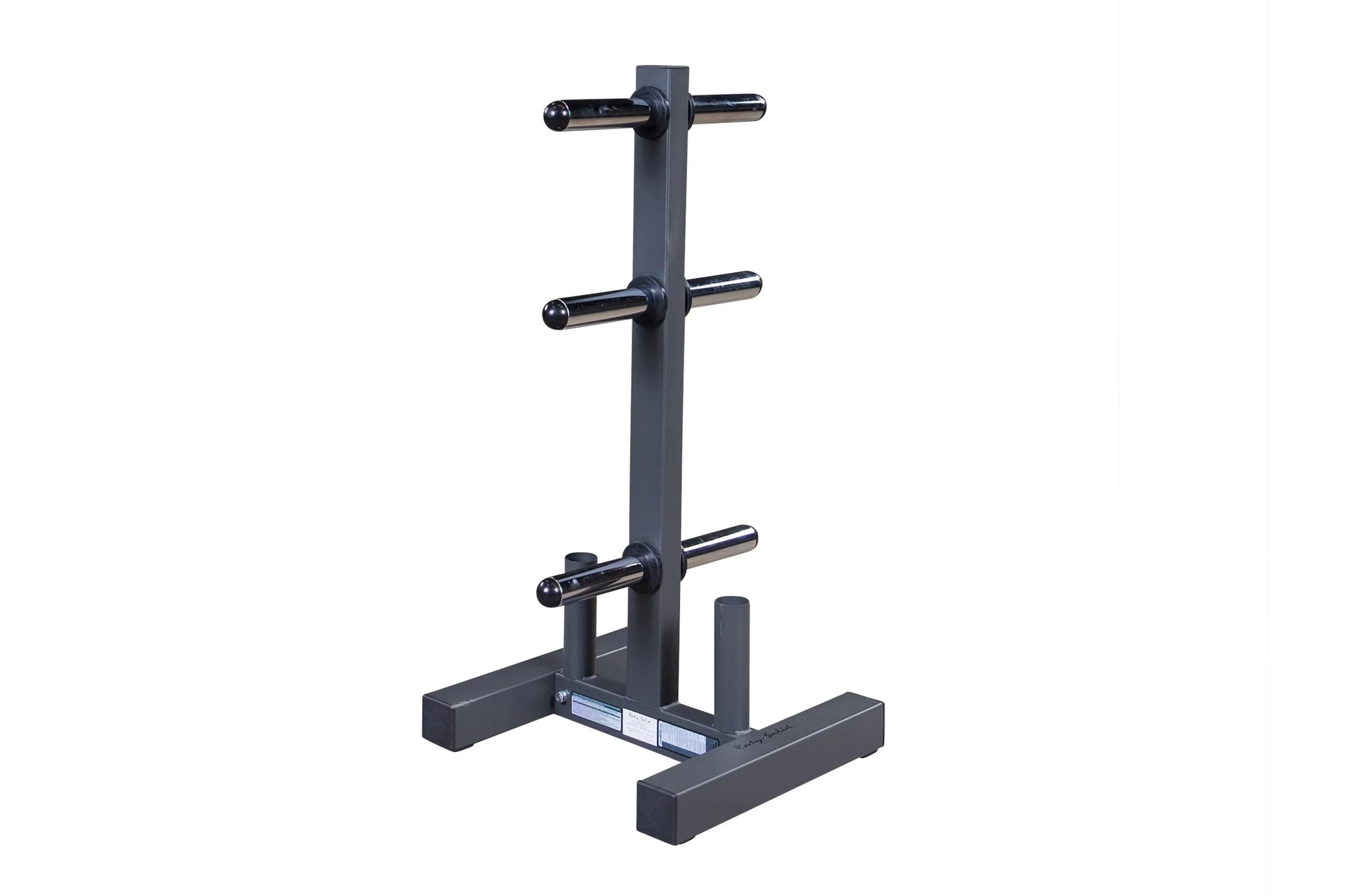 Black Olympic weight plate tree and bar holder with vertical post and three horizontal chrome sleeves, stable base on white b