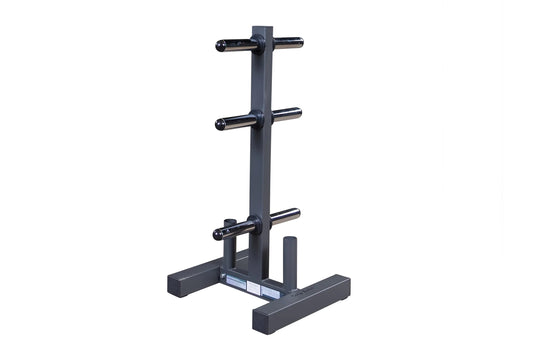 Black Olympic weight plate tree and bar holder with vertical post and three horizontal chrome sleeves, stable base on white b