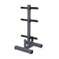 Charcoal gray Olympic plate tree with three black metal horizontal bars and weighted base on white background