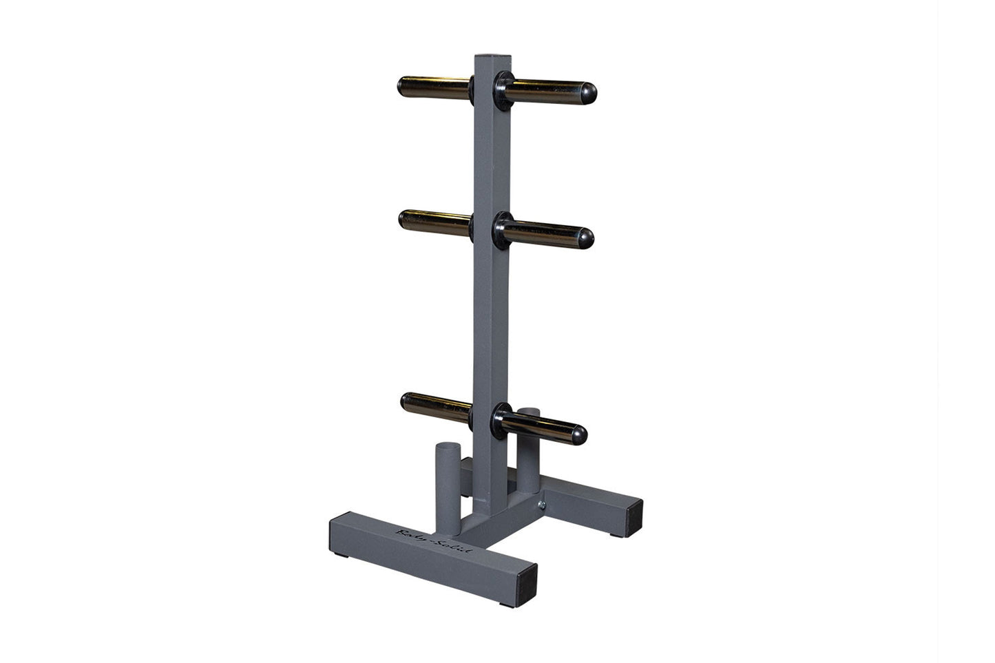 Charcoal gray Olympic plate tree with three black metal horizontal bars and weighted base on white background