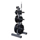 Black and gray vertical weight plate storage rack holding three loaded Olympic barbells with black weight plates, includes ba