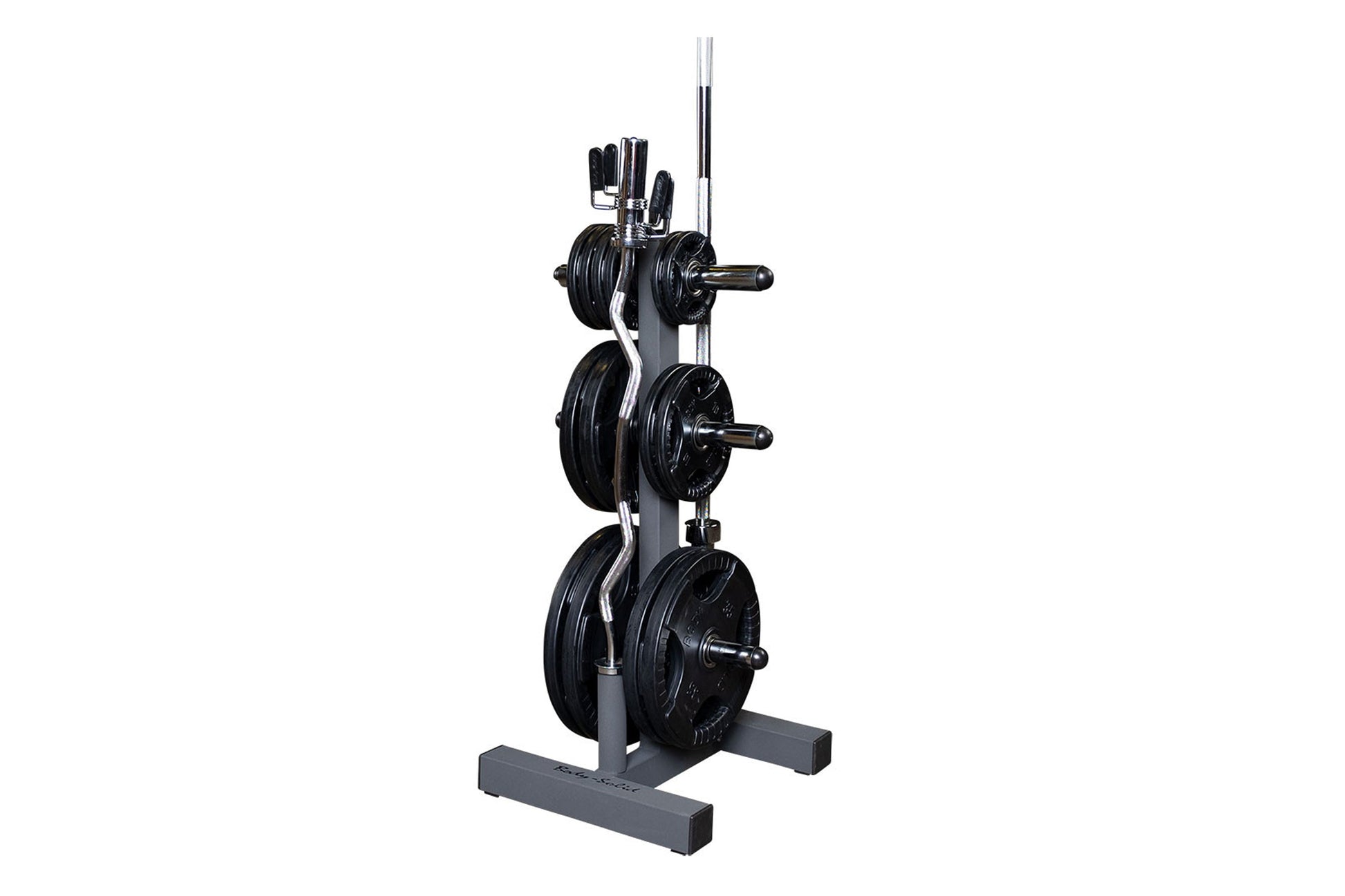 Black and gray vertical weight plate storage rack holding three loaded Olympic barbells with black weight plates, includes ba