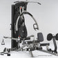 BodyCraft Elite home gym system with black frame, leg press attachment, adjustable seat, cable machine, and dumbbell weights 
