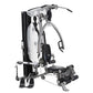 White and black multi-station home gym machine with adjustable weight stack, seat, and leg press attachment on white backgrou