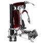 BodyCraft Elite home gym with red and silver frame, chest press station, leg extension attachment, and black seat on white ba