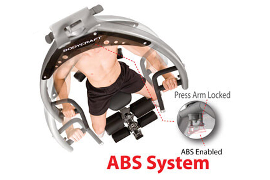 BodyCraft Elite home gym with ABS system, showing person performing seated chest press with arm locked mechanism and ABS enab