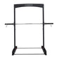 Black power rack with pull-up bar and dip attachment on white background