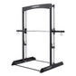 Black steel Smith machine with adjustable barbell, safety catches, and cable attachments on white background