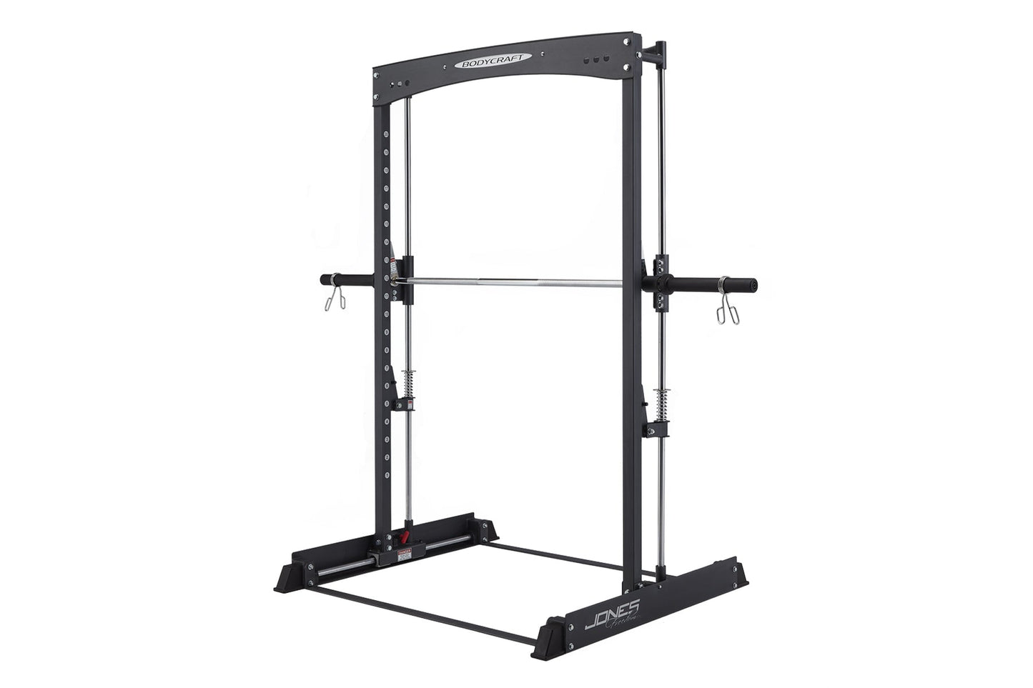 Black steel Smith machine with adjustable barbell, safety catches, and cable attachments on white background