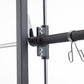 Black and chrome lat pulldown attachment with adjustment knobs mounted on gray metal frame, silver handle bar included