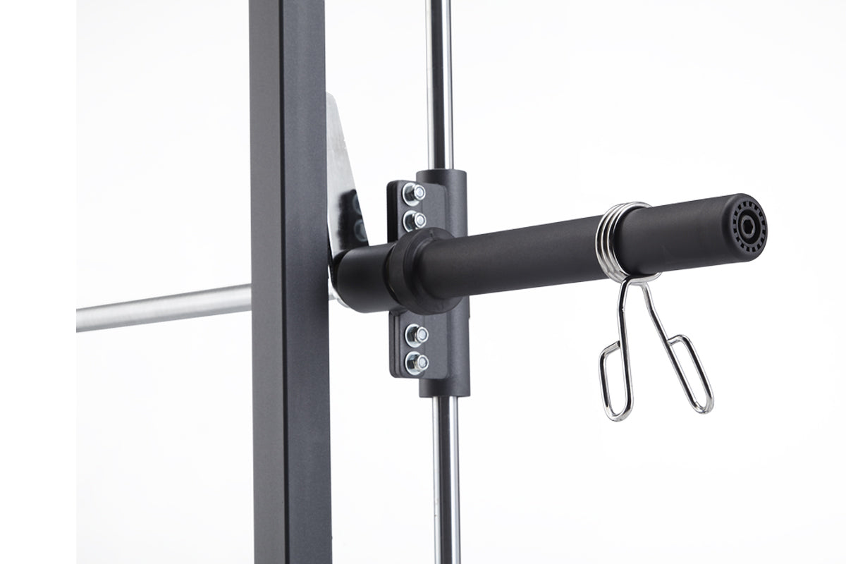 Black and chrome lat pulldown attachment with adjustment knobs mounted on gray metal frame, silver handle bar included