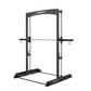 Black steel power rack with adjustable safety bars and J-hooks, viewed from front on white background