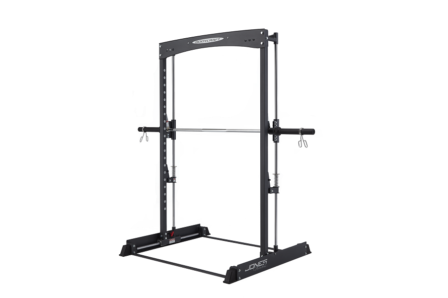 Black steel power rack with adjustable safety bars and J-hooks, viewed from front on white background
