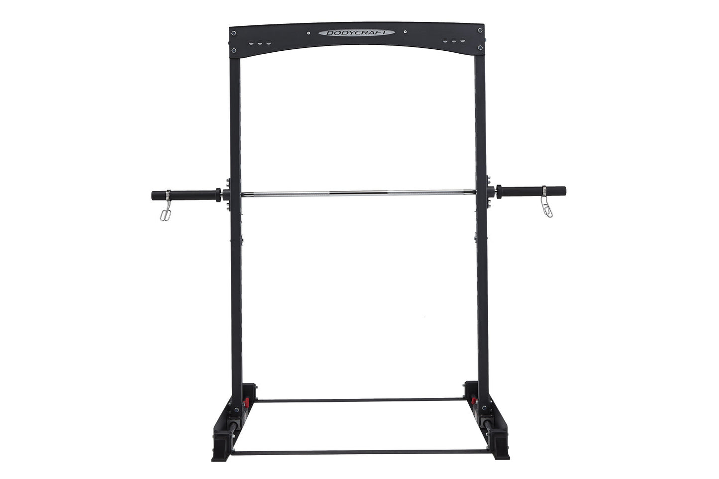 Black BodyCraft squat rack with barbell, adjustable bar positions, and safety catches on white background