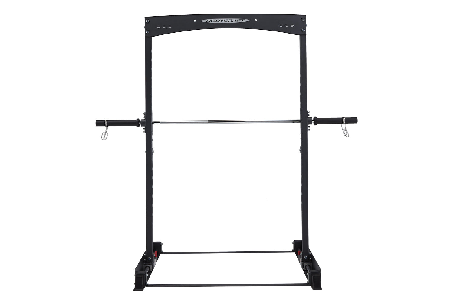 Black BodyCraft squat rack with barbell, adjustable bar positions, and safety catches on white background