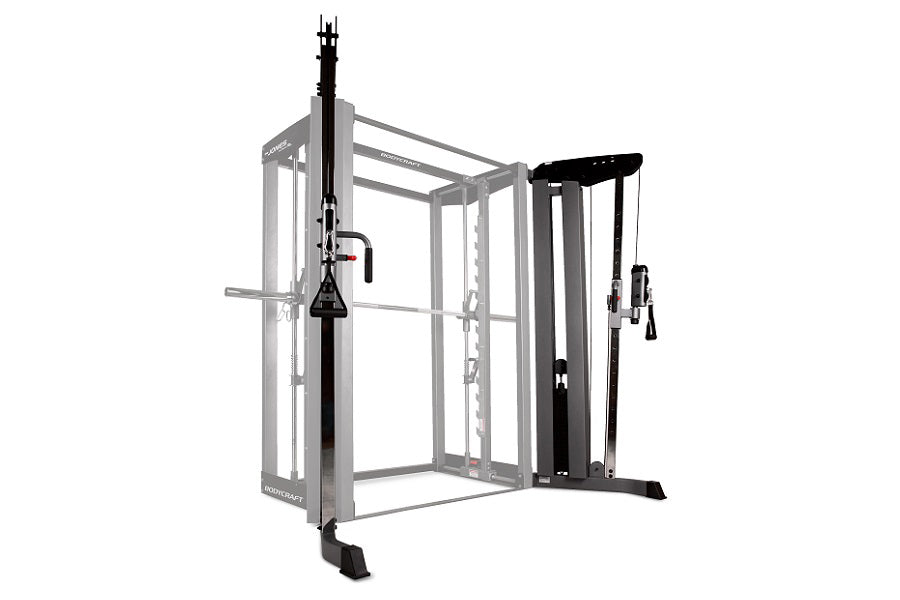 BodyCraft Jones light commercial functional cable crossover machine with gray steel frame and black cable attachments on whit