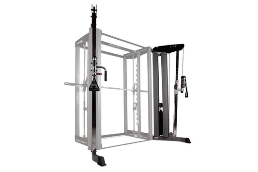 BodyCraft Jones light commercial functional cable crossover machine with gray steel frame and black cable attachments on whit