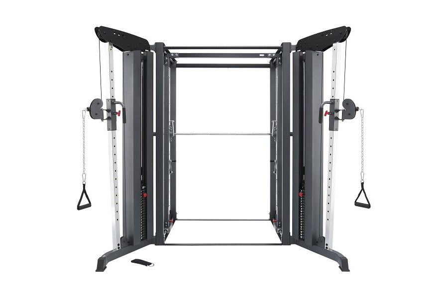 BodyCraft Jones light commercial functional trainer with dual cable crossover arms, black and silver frame, adjustable pulley