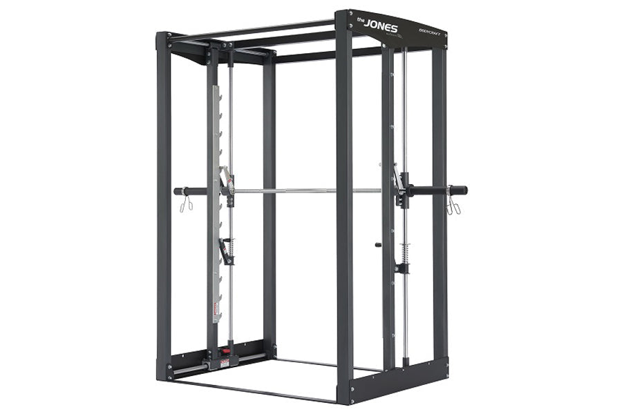 Black metal cable crossover machine with dual cable pulleys and adjustment handles on white background