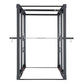 Black steel functional trainer with dual cable pulleys and adjustable barbell attachment on white background