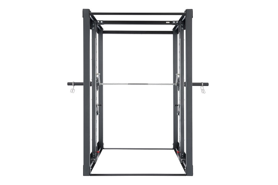 Black steel functional trainer with dual cable pulleys and adjustable barbell attachment on white background