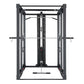 Black cable crossover machine with dual weight stacks and adjustable arms on white background