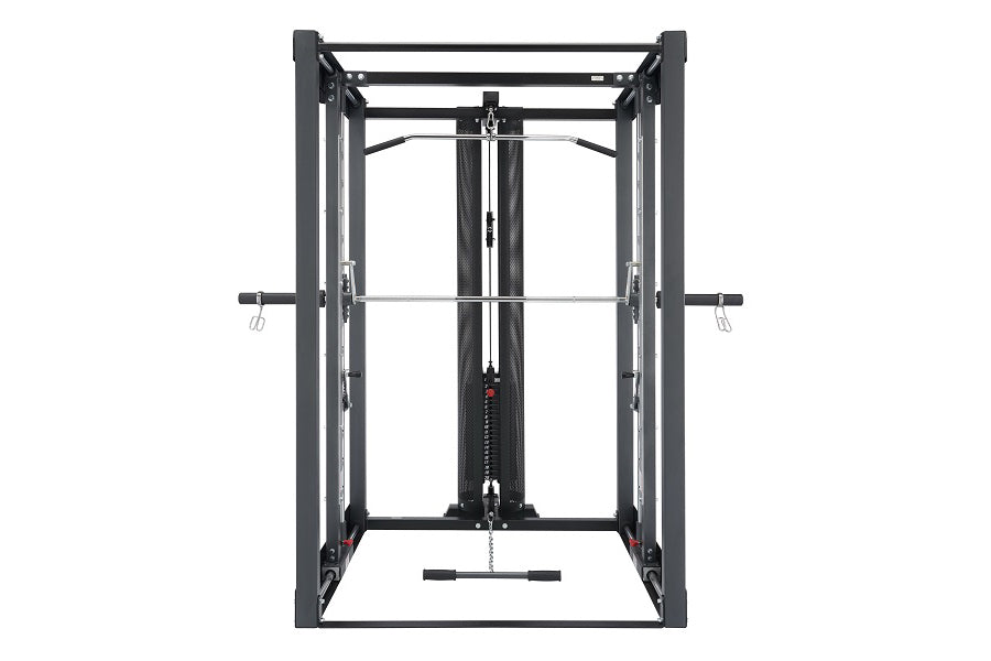 Black cable crossover machine with dual weight stacks and adjustable arms on white background