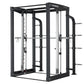 Black and silver Jones cable crossover machine with dual weight stacks and adjustable handles on white background