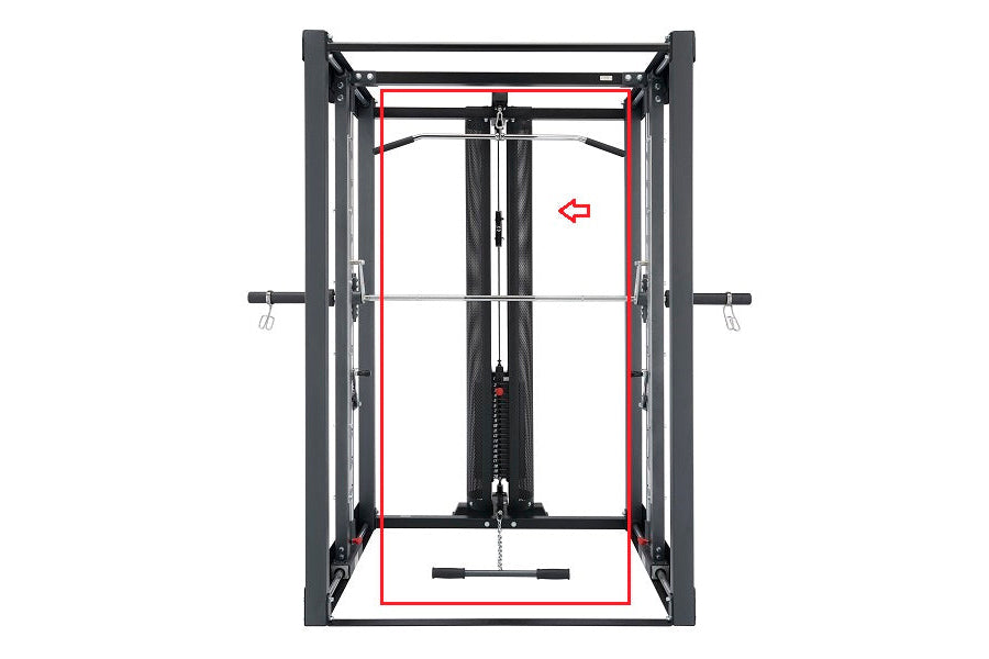 BodyCraft Jones Light Commercial Lat Pulldown machine with black frame and red safety guides, front view on white background