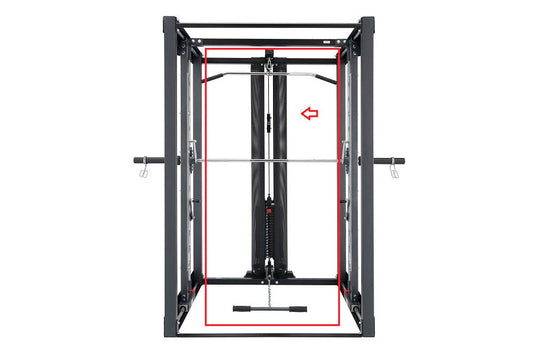 BodyCraft Jones Light Commercial Lat Pulldown machine with black frame and red safety guides, front view on white background