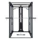 Black steel Smith machine with dual weight stacks, cable system, and lat pulldown attachment on white background