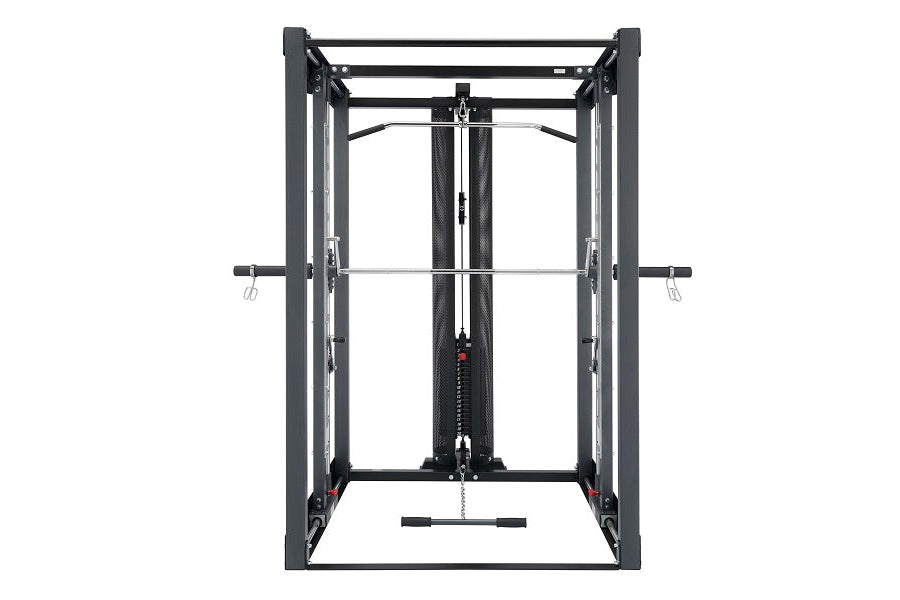 Black steel Smith machine with dual weight stacks, cable system, and lat pulldown attachment on white background