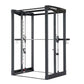 Black steel Smith machine with dual cable pulldown attachments and weight stack on white background