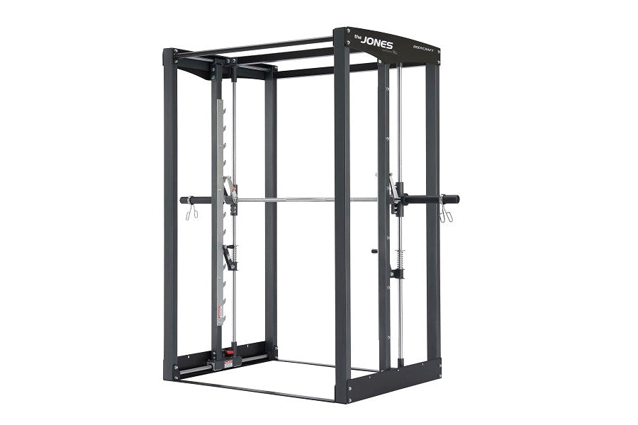 Black steel Smith machine with dual cable pulldown attachments and weight stack on white background
