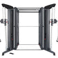 Black and white cable machine with dual weight stacks, adjustable arms, and hanging handles on white background
