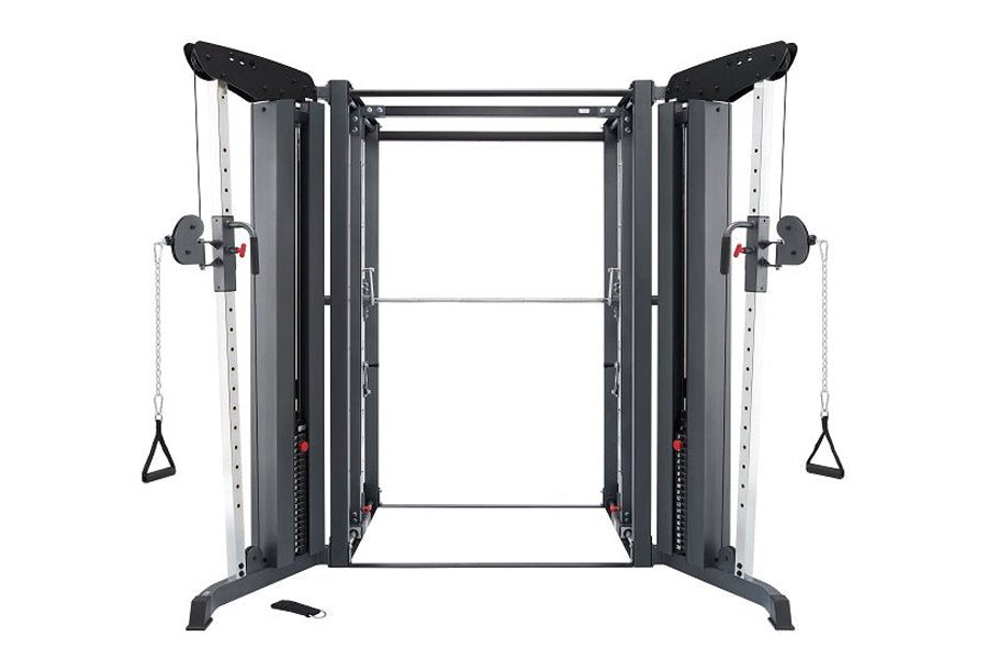 Black and white cable machine with dual weight stacks, adjustable arms, and hanging handles on white background